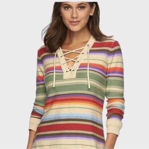 Chaps Women's  Striped Lace Up Multi  Rainbow Sweater Size Small